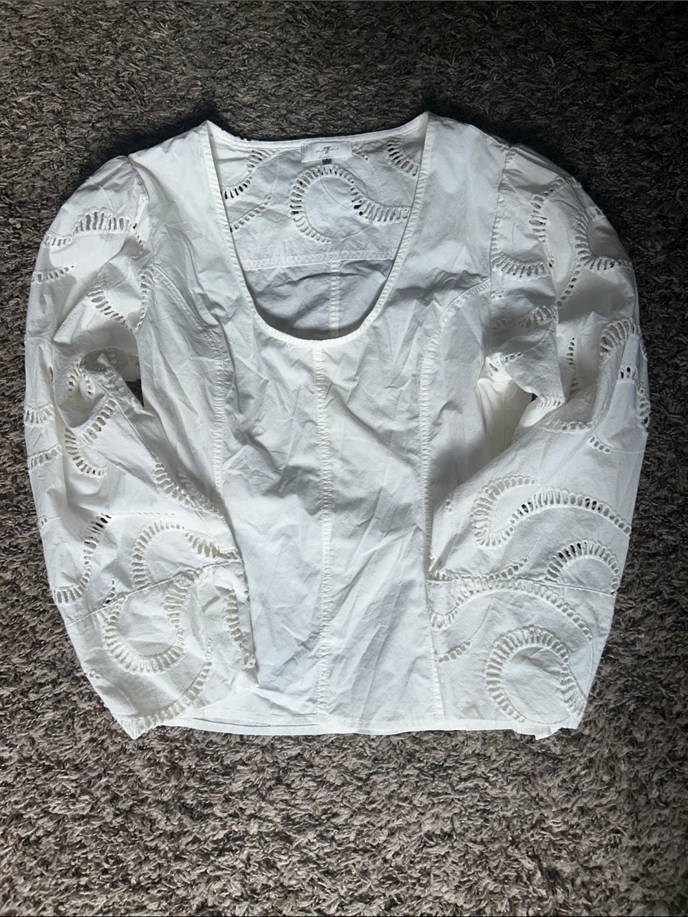 7 For All Mankind Eyelet Balloon Sleeve Cotton Top in White - Women’s Small - Picture 4 of 7